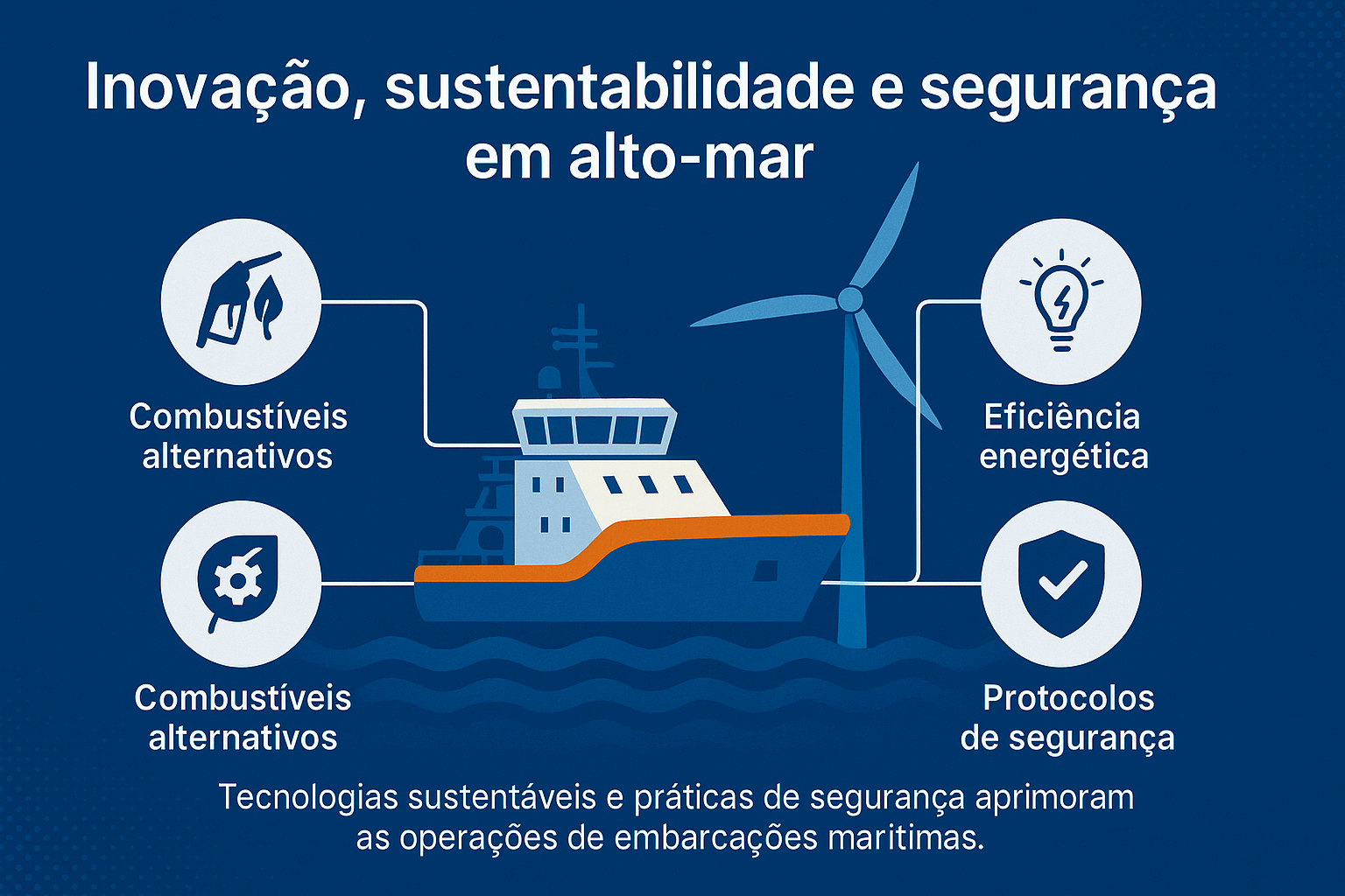 Infográfico com um navio offshore, turbina eólica e ícones destacando combustíveis alternativos, eficiência energética e protocolos de segurança.