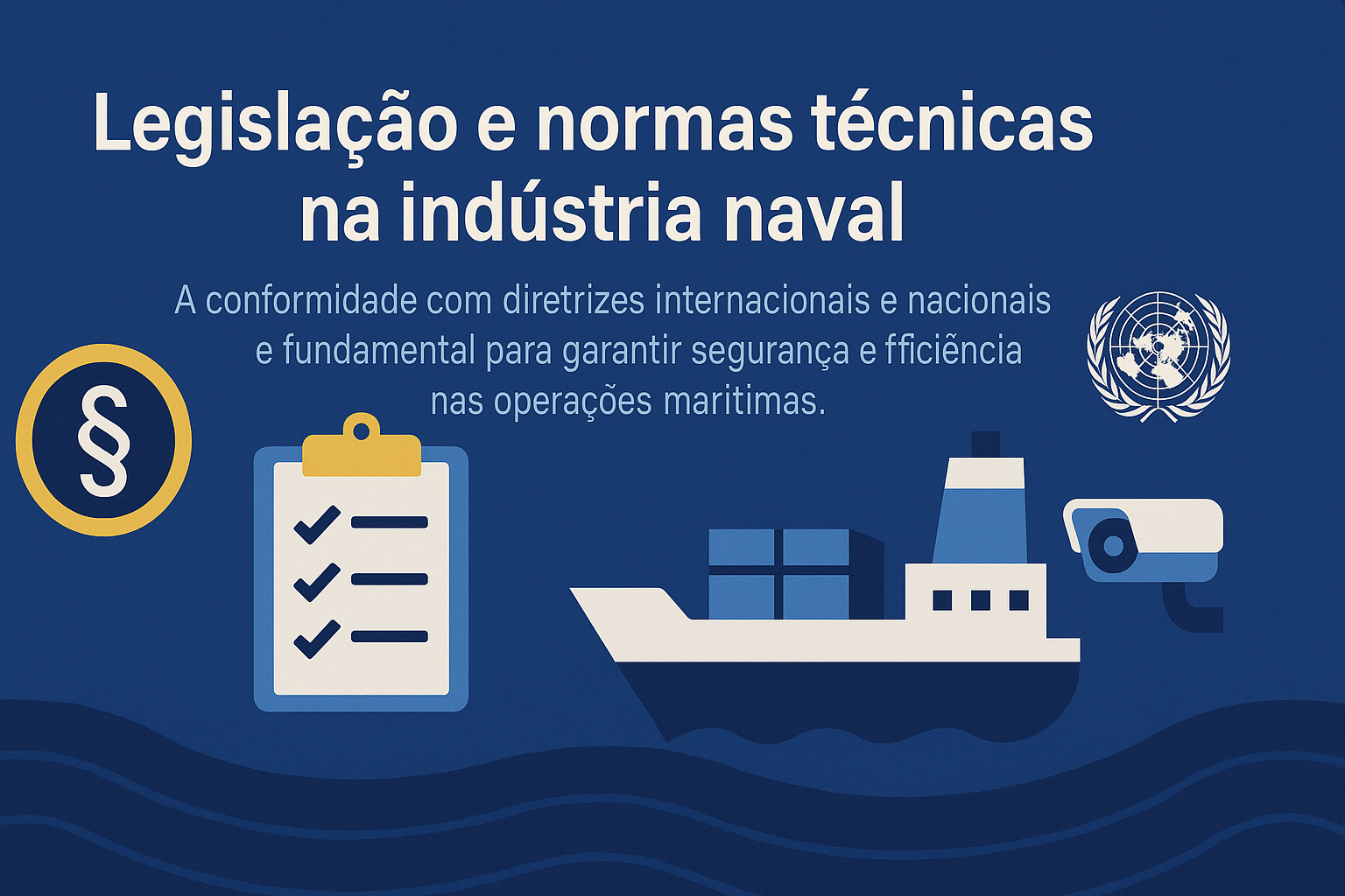 Infográfico com o título “Legislação e normas técnicas na indústria naval”, apresentando ícones de parágrafo legal, checklist, câmera de segurança, navio cargueiro e o símbolo da ONU sobre fundo azul com ondas.