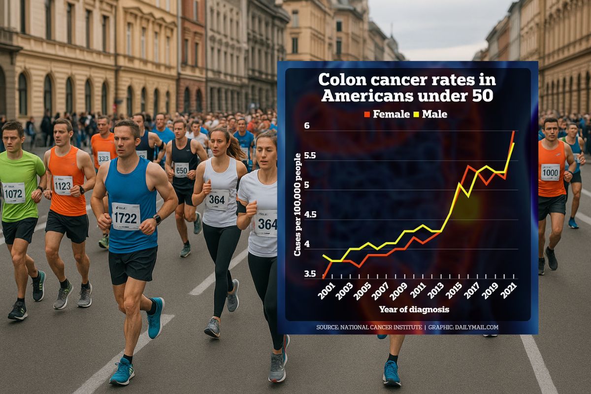 Marathonläufer auf einer Straße in der Stadt, überlagert von einem Diagramm, das die steigende Zahl der Fälle von Dickdarmkrebs bei jungen Menschen in den USA zeigt