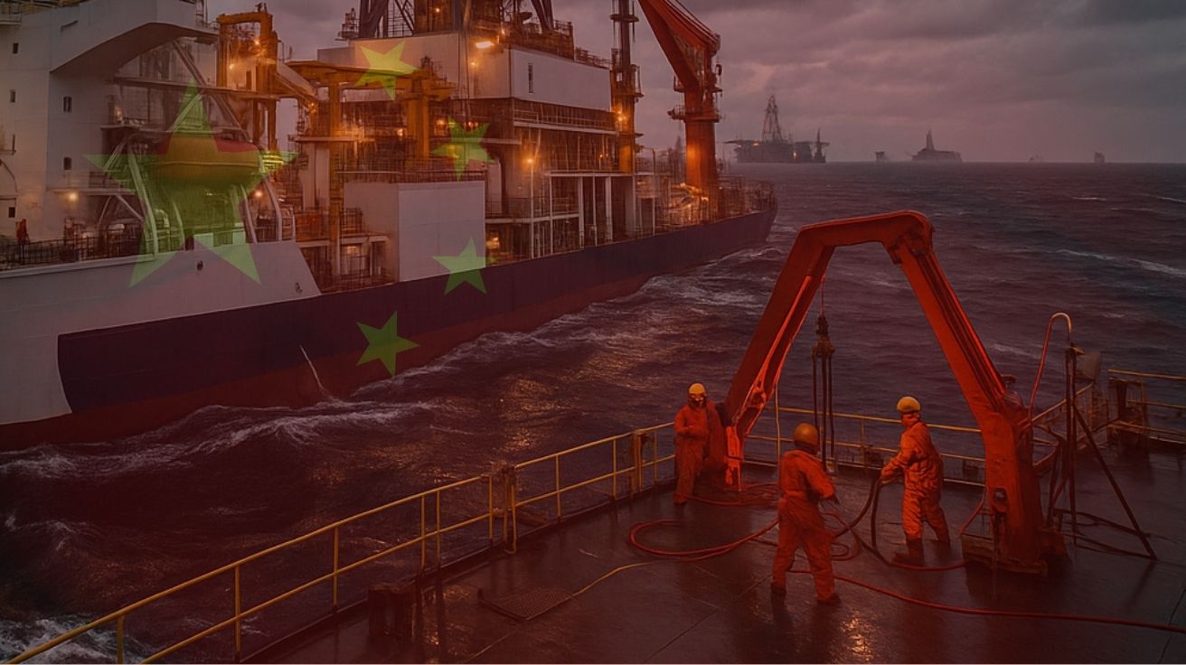 Navio de perfuração oceânica Meng Xiang com helicóptero no heliponto, torre de perfuração ativada e equipe técnica operando sob céu nublado e ondas fortes