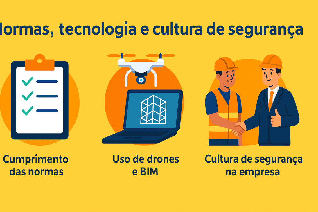 Infográfico sobre segurança na construção civil, destacando o cumprimento das normas, o uso de tecnologia como drones e BIM, e a importância da cultura de segurança nas empresas.