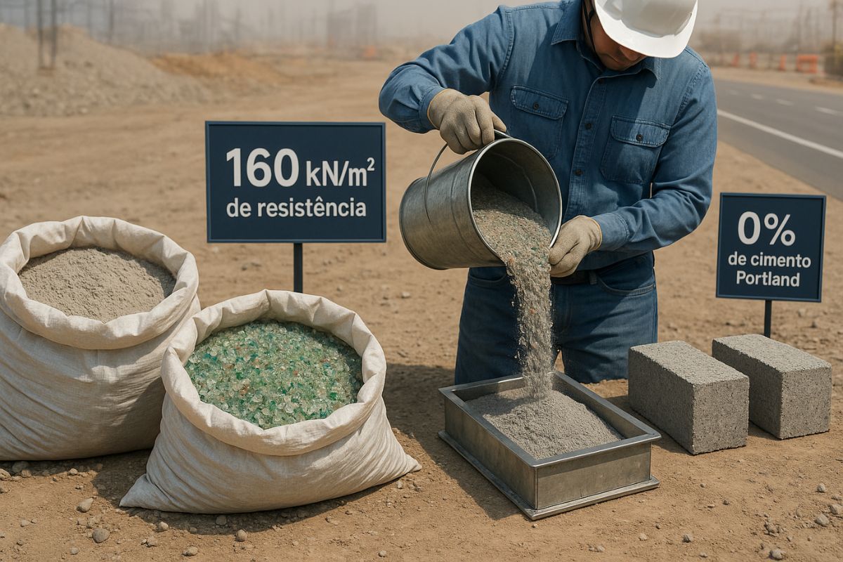 Engenheiro despeja mistura de pó de construção e vidro reciclado em molde para blocos sólidos, com destaque para resistência e ausência de cimento
