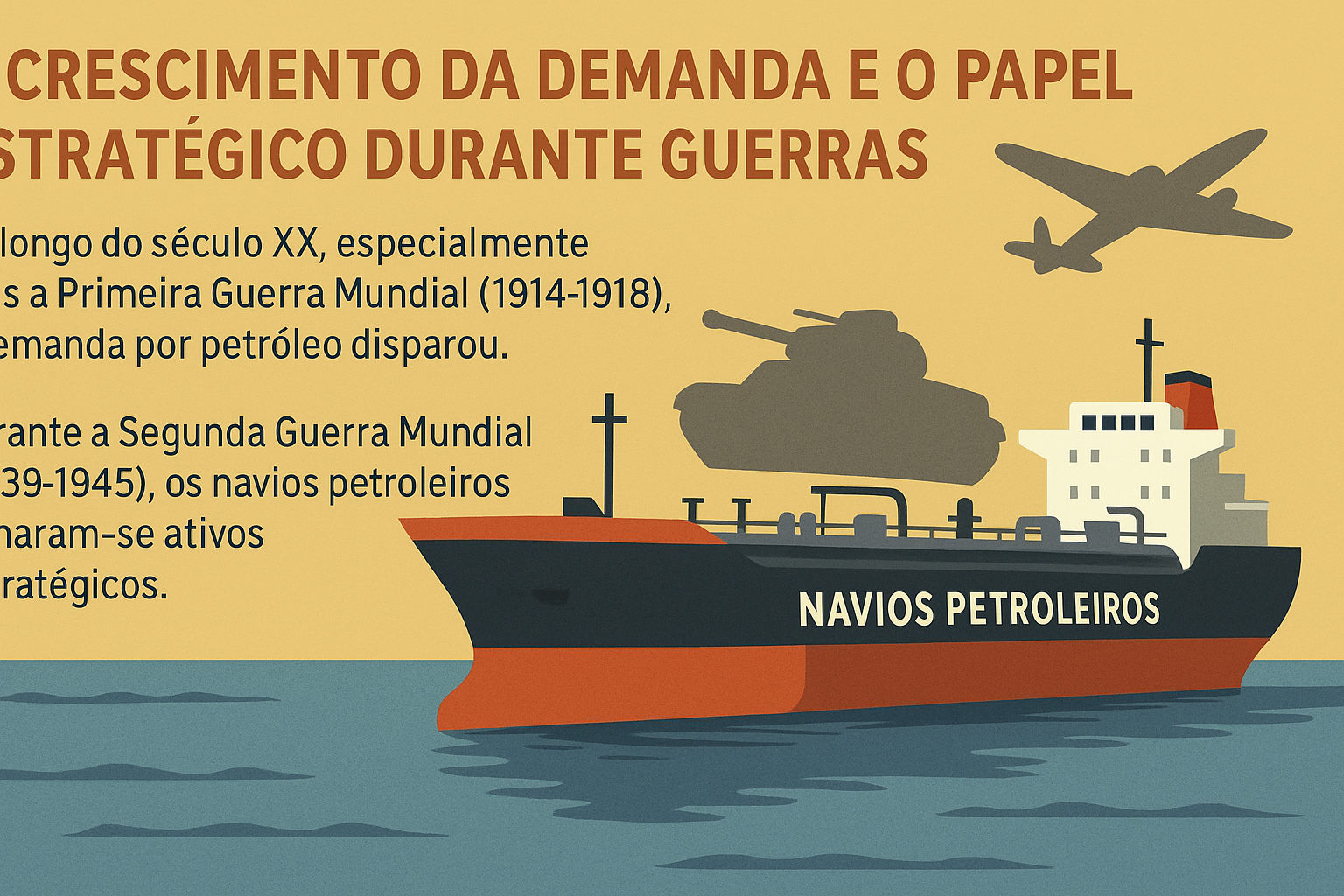 Infográfico ilustrando o papel estratégico dos navios petroleiros durante as guerras mundiais, com tanque militar, avião e navio petroleiro no mar.