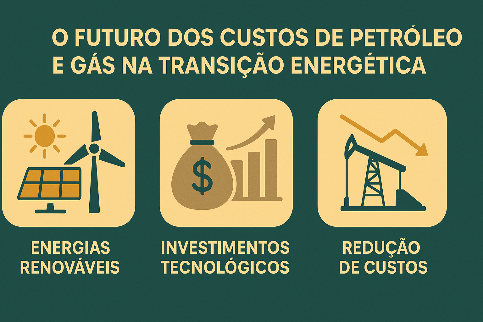 Infográfico ilustrando o futuro dos custos de petróleo e gás na transição energética, com ícones representando energias renováveis, investimentos tecnológicos e redução de custos.