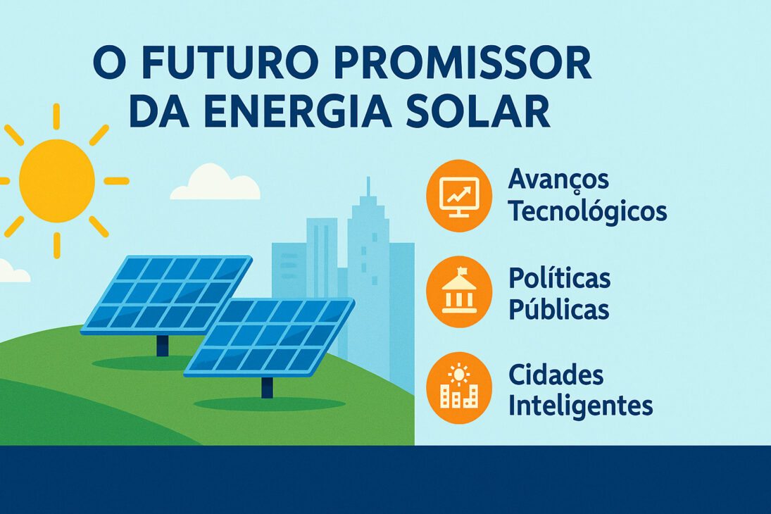 Infográfico sobre o futuro da energia solar com painéis em colinas verdes, cidade ao fundo e ícones destacando avanços tecnológicos, políticas públicas e cidades inteligentes.