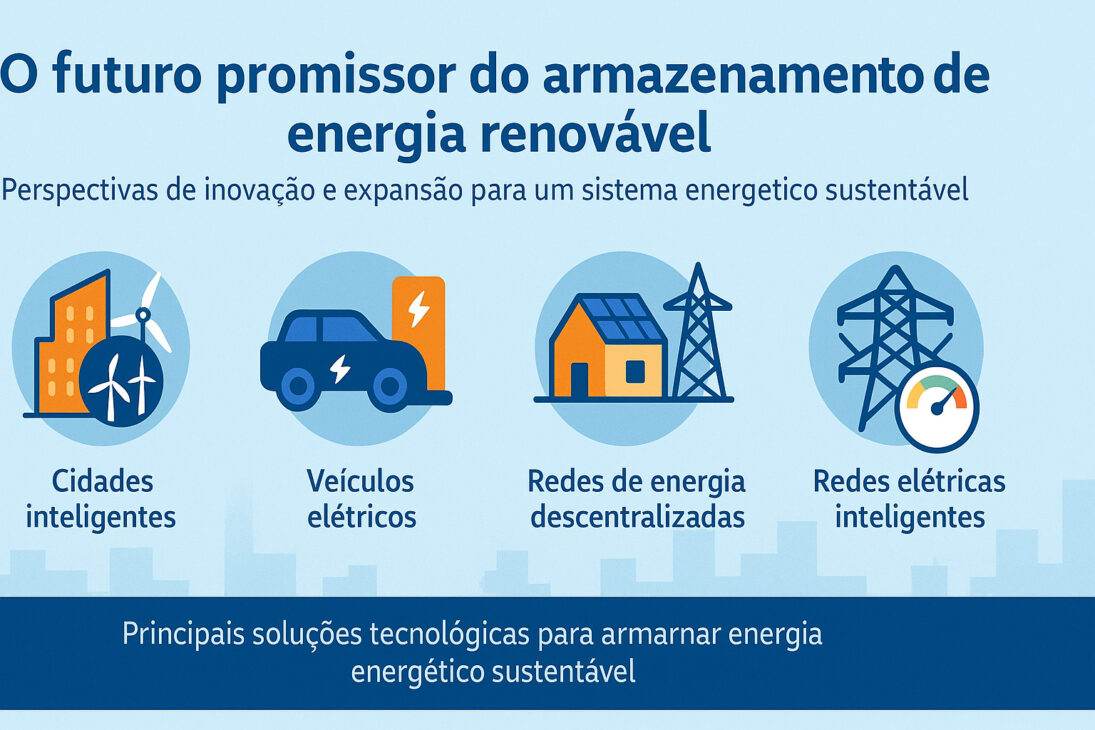  Infográfico ilustrando o futuro do armazenamento de energia renovável com ícones representando cidades inteligentes, veículos elétricos, redes de energia descentralizadas e redes elétricas inteligentes.