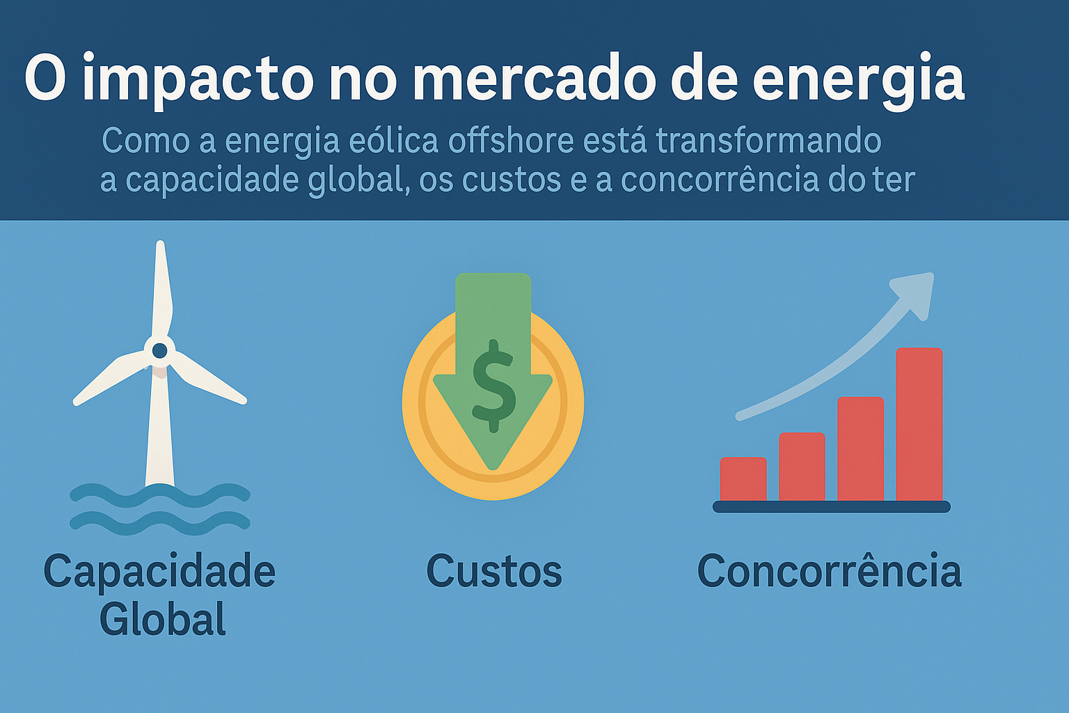 Infográfico sobre o impacto da energia eólica offshore no mercado de energia, com ícones representando capacidade global, redução de custos e aumento da concorrência.