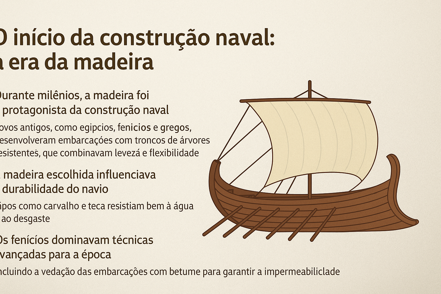 Infográfico ilustrativo mostrando um navio antigo de madeira com vela, acompanhado de texto explicativo sobre o uso da madeira na construção naval por civilizações antigas como egípcios, fenícios e gregos.