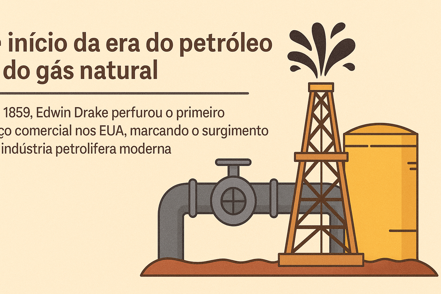Infográfico ilustrativo sobre o início da era do petróleo e gás natural, com torre de perfuração, tubulação e tanque de armazenamento.