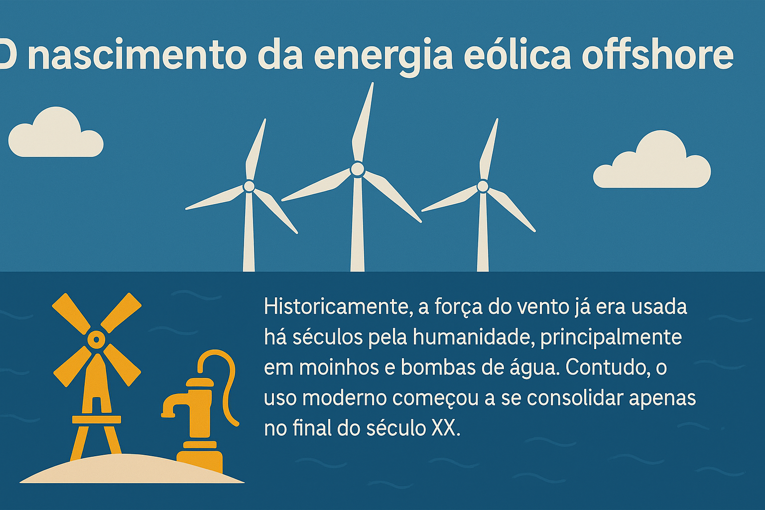 Infográfico ilustrando o nascimento da energia eólica offshore, com turbinas modernas no mar e símbolos históricos como moinho de vento e bomba d'água.