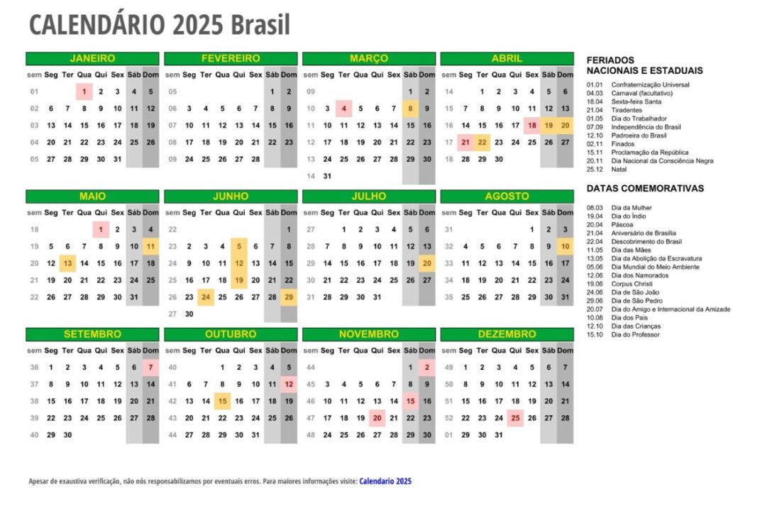 O calendário de 2025 será idêntico ao de 1969 em termos de dias da semana