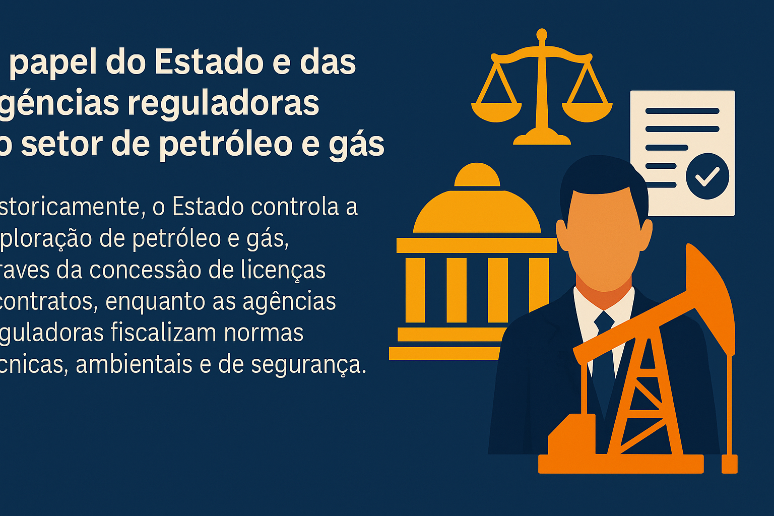Infográfico sobre o papel do Estado e das agências reguladoras no setor de petróleo e gás, com ilustrações de balança da justiça, prédio governamental, empresário e bomba de extração de petróleo.