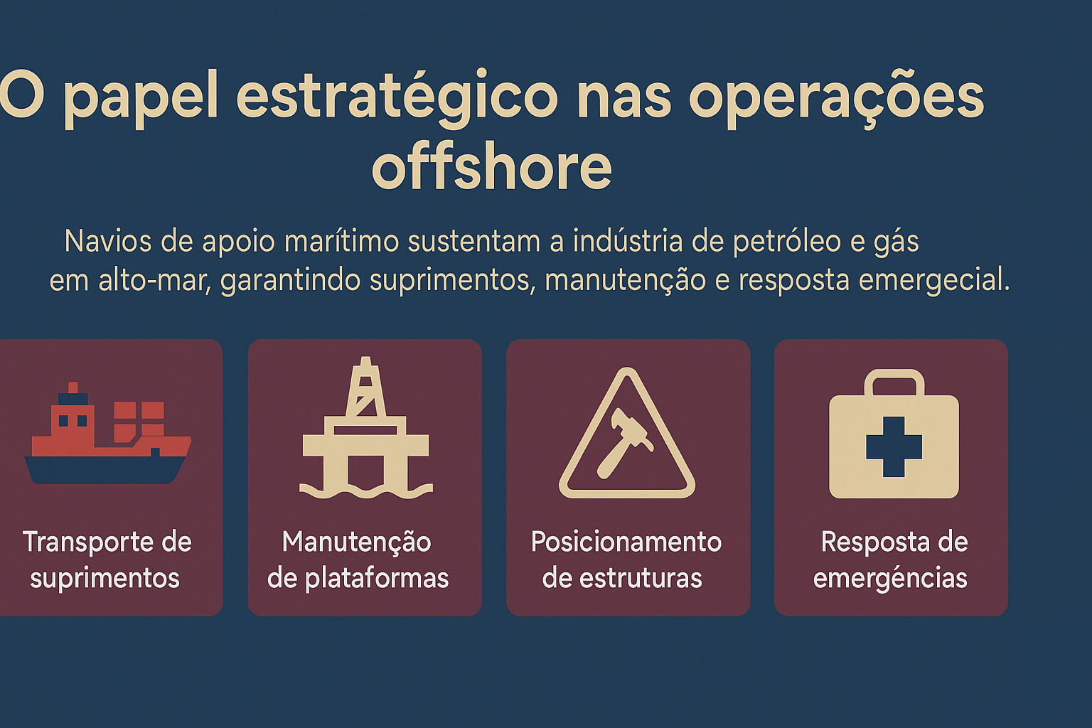 Infográfico ilustrando o papel estratégico dos navios de apoio marítimo nas operações offshore, com ícones representando transporte, manutenção, posicionamento e resposta a emergências.