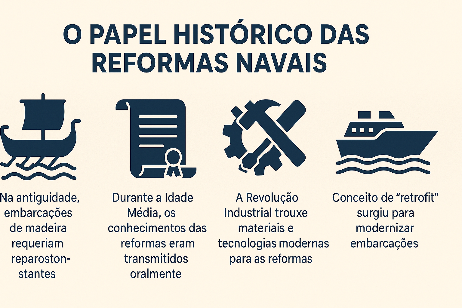 Infográfico ilustrando a evolução histórica das reformas navais, com ícones representando diferentes períodos: antiguidade, Idade Média, Revolução Industrial e era do retrofit.