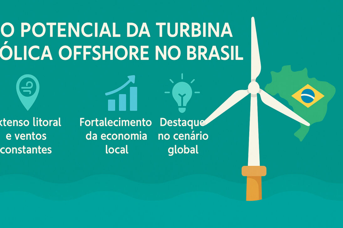 Infográfico sobre o potencial da turbina eólica offshore no Brasil, com ícones de vento, gráfico de crescimento, lâmpada e mapa do Brasil ao lado de uma turbina no mar.