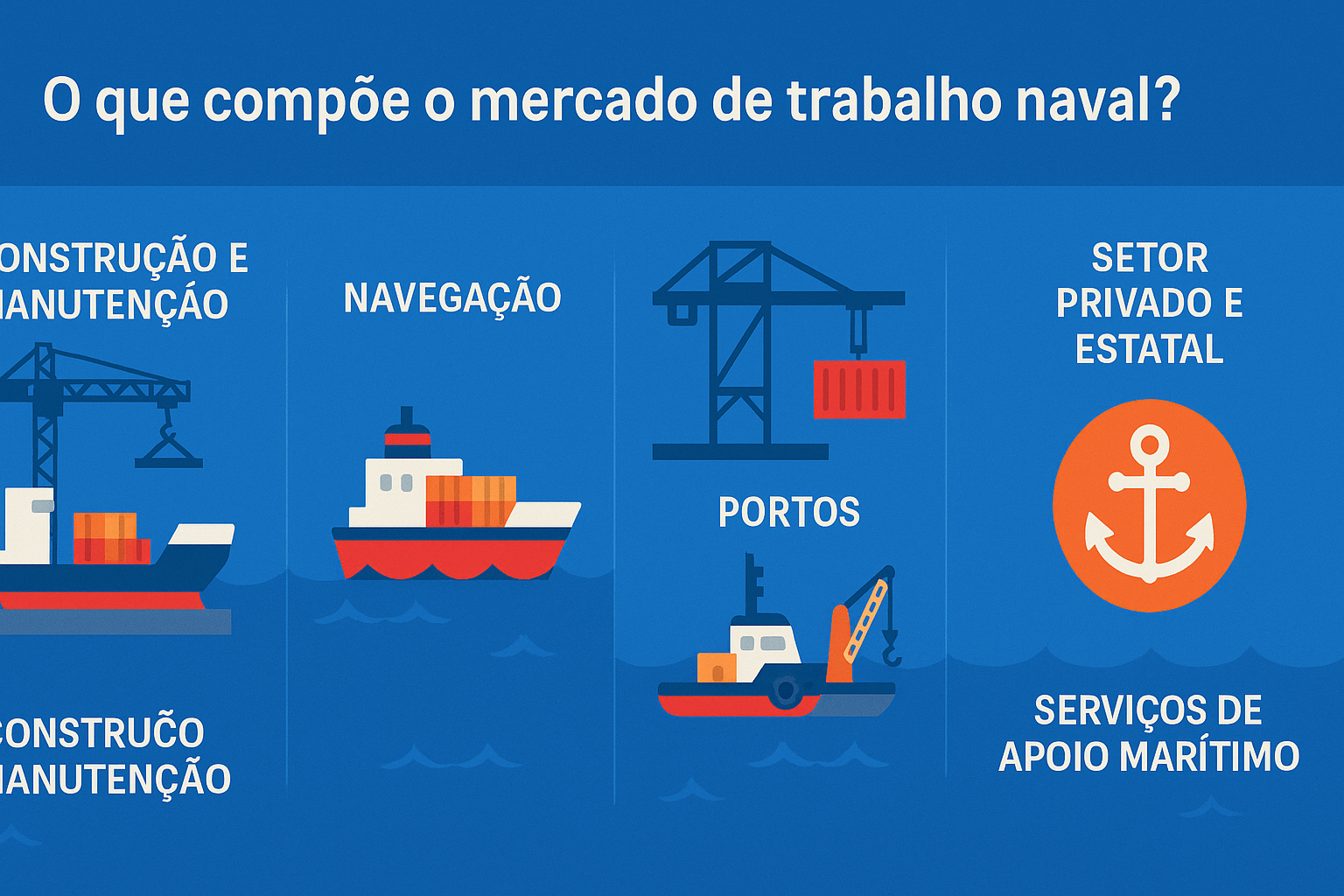 Infográfico ilustrando os principais componentes do mercado de trabalho naval, como construção, navegação, portos e serviços de apoio marítimo.