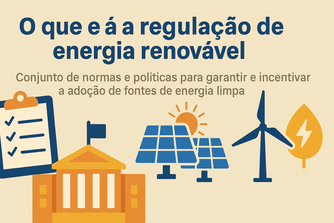 Infográfico explicando o que é a regulação de energia renovável, com ícones de checklist, prédio governamental, painéis solares, turbina eólica e folha com raio.
