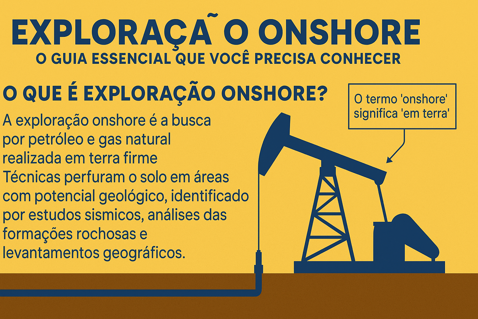 Infográfico ilustrando o conceito de exploração onshore, com texto explicativo e imagem de uma bomba de extração de petróleo em terra firme.
