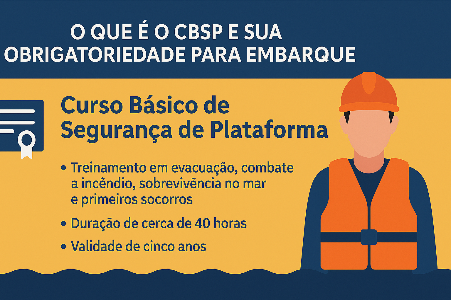 Infográfico explicativo sobre o Curso Básico de Segurança de Plataforma (CBSP), destacando conteúdos, duração e validade do certificado.