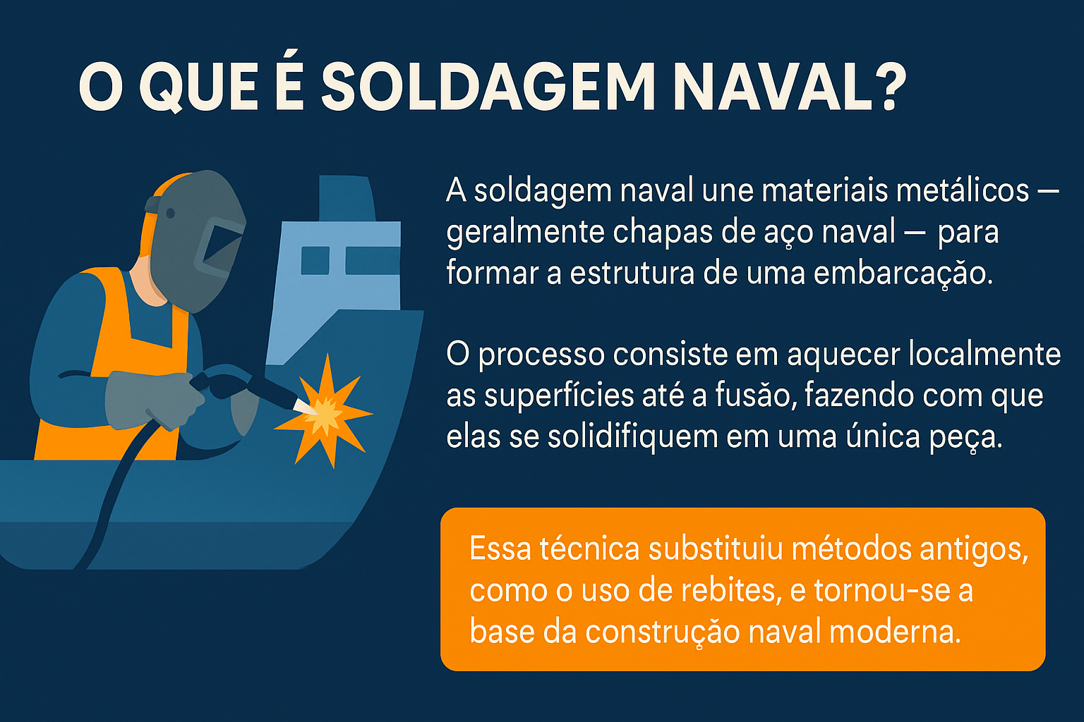 Infográfico de um soldador naval trabalhando na estrutura de um navio, com textos explicativos sobre o que é soldagem naval.