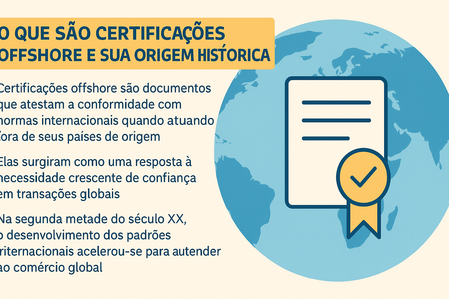 Infográfico explicando o conceito de certificações offshore, com texto à esquerda e ícone de certificado sobre um mapa-múndi à direita.