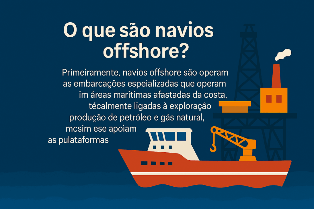 Infográfico em estilo flat mostrando um navio offshore e uma plataforma de petróleo ao fundo, com texto explicando a função dos navios offshore.
