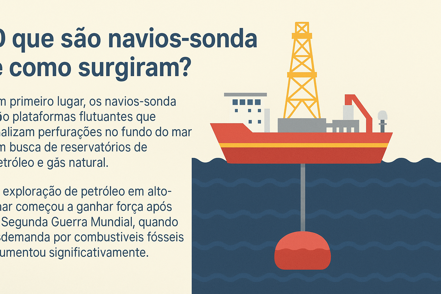 Infográfico ilustrativo com navio-sonda vermelho e amarelo perfurando o fundo do mar, ao lado de texto explicativo sobre o que são navios-sonda e como surgiram.