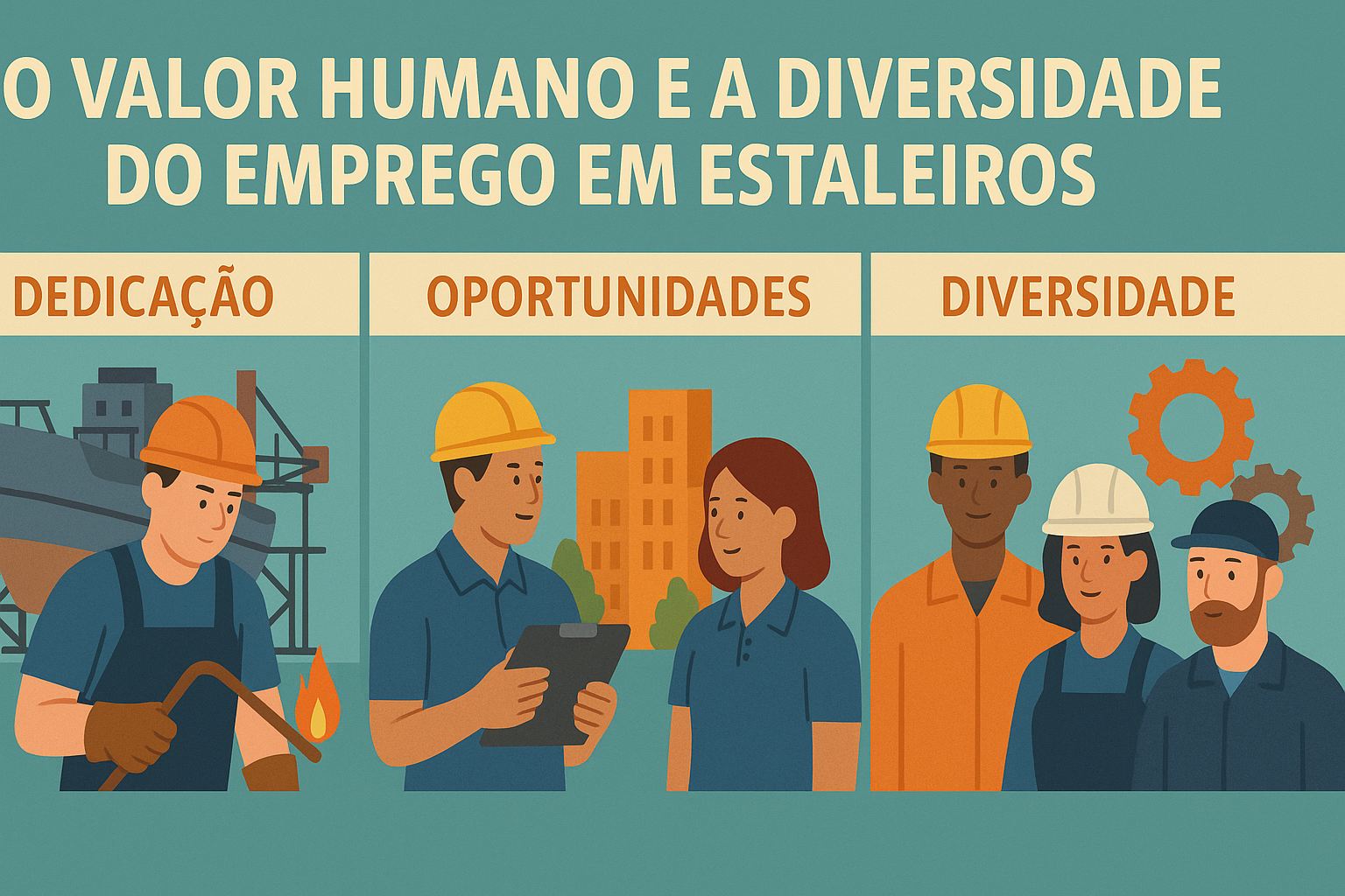 Infográfico em estilo flat mostrando trabalhadores de estaleiros com diferentes funções e perfis, dividido em três seções: Dedicação, Oportunidades e Diversidade.