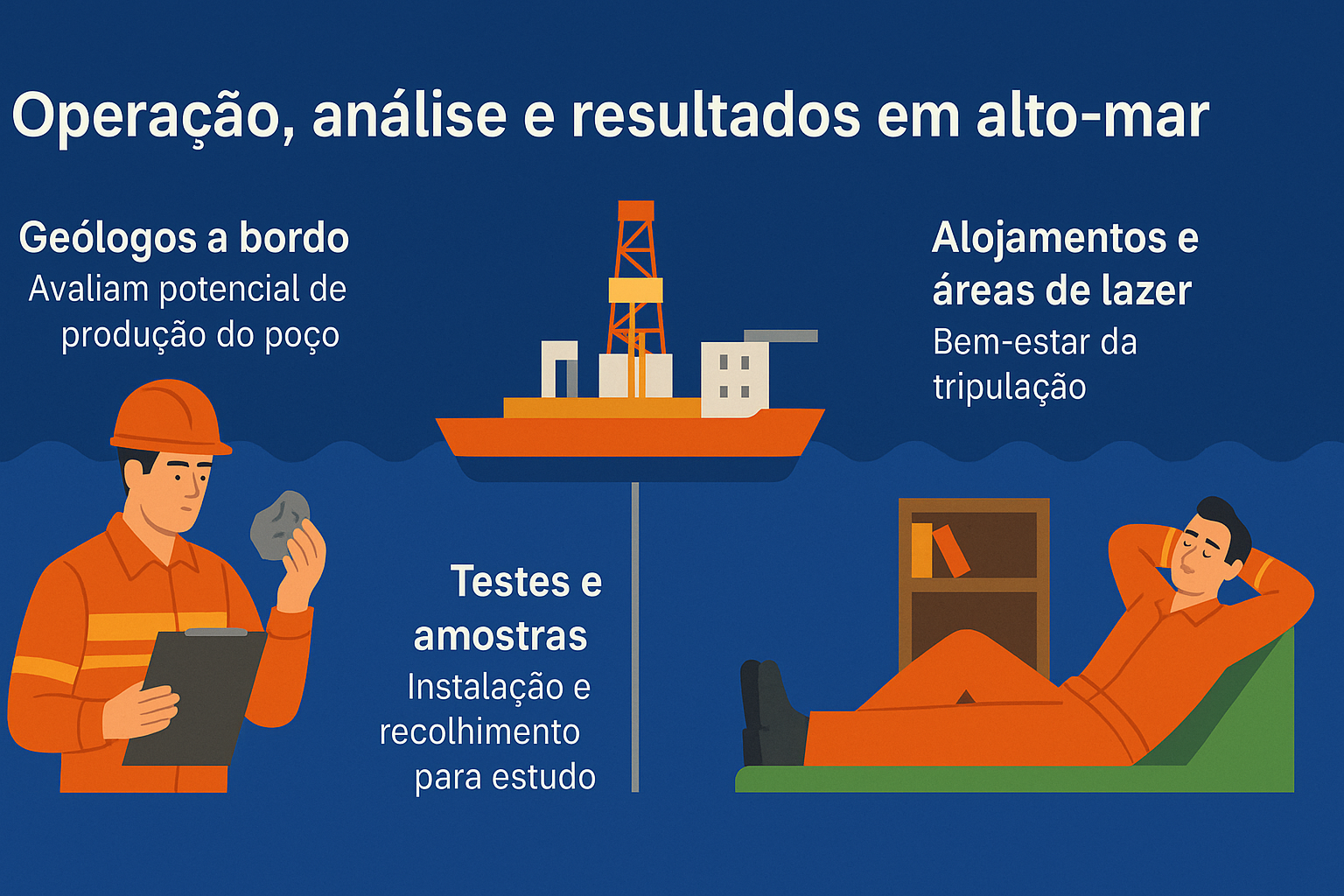 Infográfico sobre operação, análise e resultados em alto-mar, com ilustrações de geólogo analisando rocha, navio-sonda perfurando o fundo do mar e trabalhador descansando em alojamento.