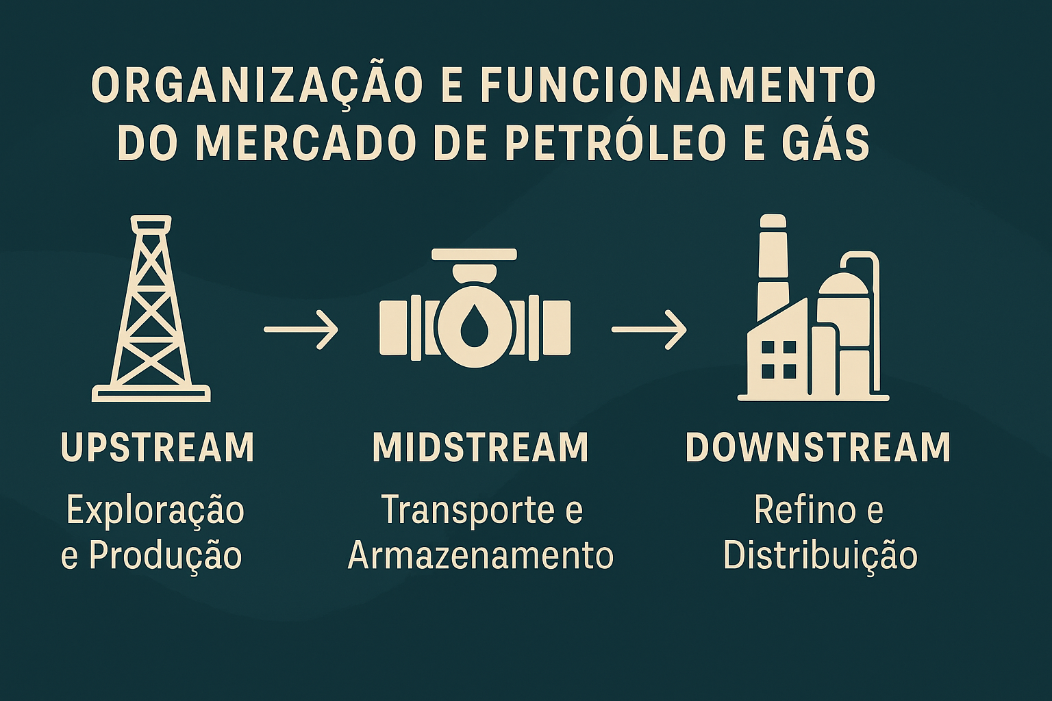 Infográfico explicando os três segmentos da indústria de petróleo e gás: upstream, midstream e downstream, com ícones representativos e setas indicando o fluxo do processo.