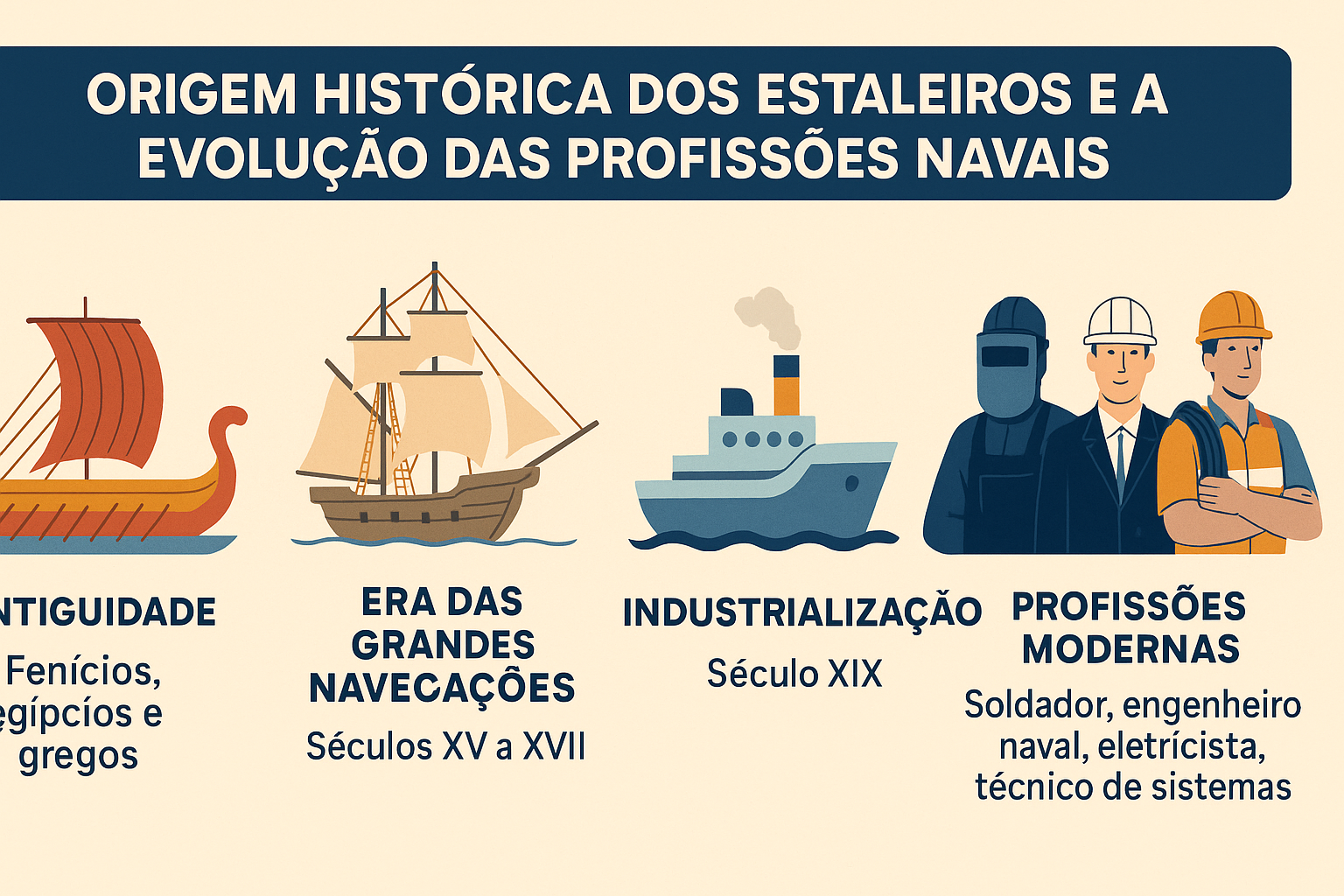Infográfico ilustrando a evolução dos estaleiros e das profissões navais desde a Antiguidade até os tempos modernos, com representações visuais de navios antigos, embarcações industriais e trabalhadores do setor naval.