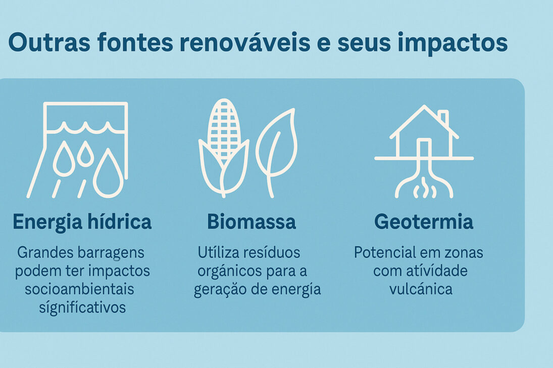 Infográfico com ícones representando energia hídrica, biomassa e geotermia, destacando seus impactos socioambientais.