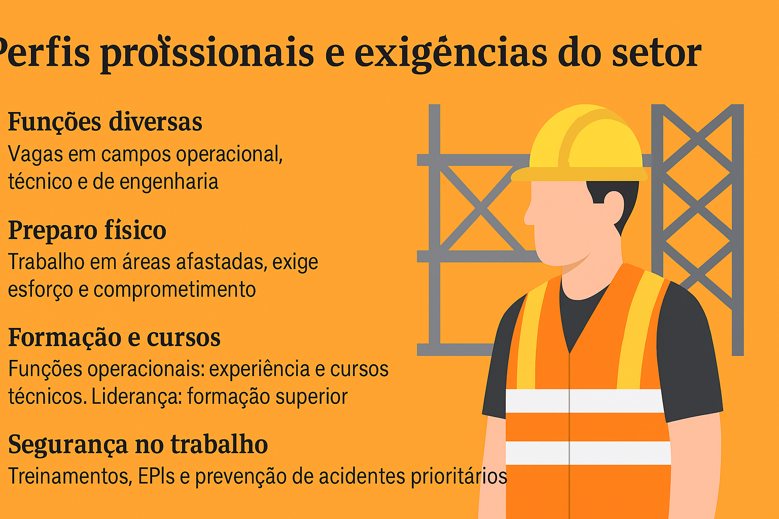 Infográfico ilustrando os perfis profissionais e exigências do setor de construção pesada, com ícones e texto explicativo ao lado de um trabalhador com capacete e colete laranja.