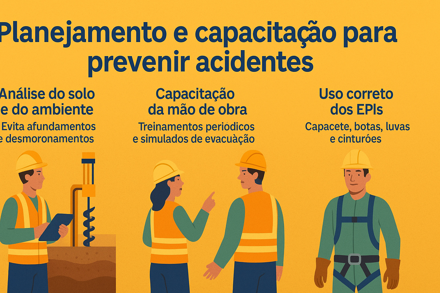 Infográfico ilustrando boas práticas de planejamento e capacitação para prevenir acidentes em grandes construções, com destaque para análise do solo, treinamento da mão de obra e uso correto de EPIs.