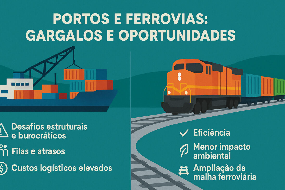 Infográfico com ilustrações de um porto e uma ferrovia, destacando os gargalos logísticos e as oportunidades no transporte brasileiro.