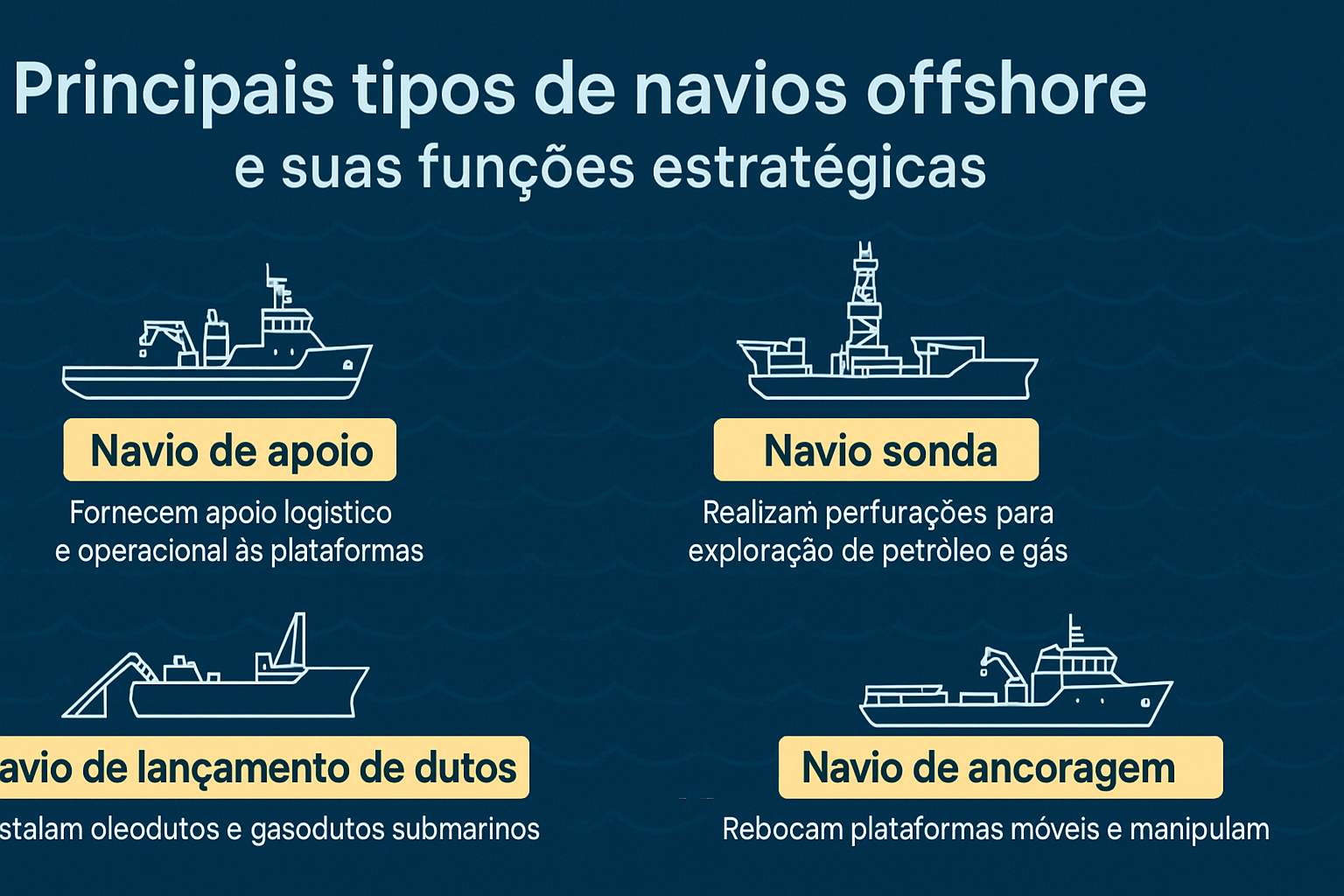 Infográfico em português ilustrando os principais tipos de navios offshore e suas funções estratégicas, incluindo navio de apoio, navio sonda, navio de lançamento de dutos e navio de ancoragem.