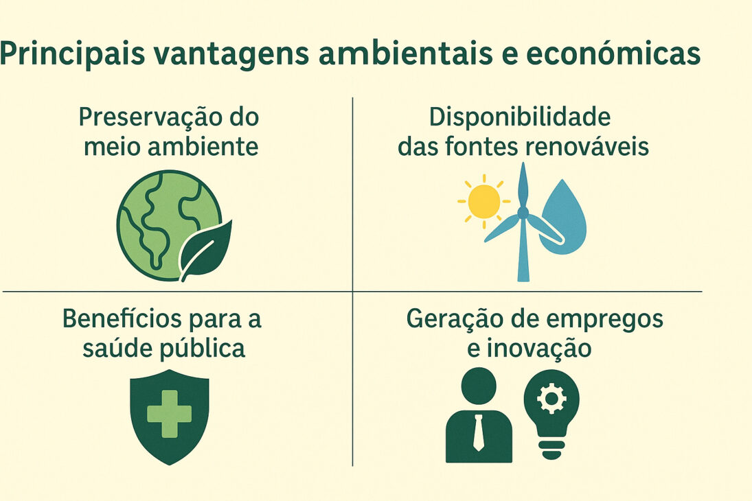 Infográfico ilustrando quatro principais vantagens da energia renovável: preservação do meio ambiente, disponibilidade das fontes renováveis, benefícios para a saúde pública e geração de empregos e inovação, com ícones representativos em layout dividido em quadrantes.