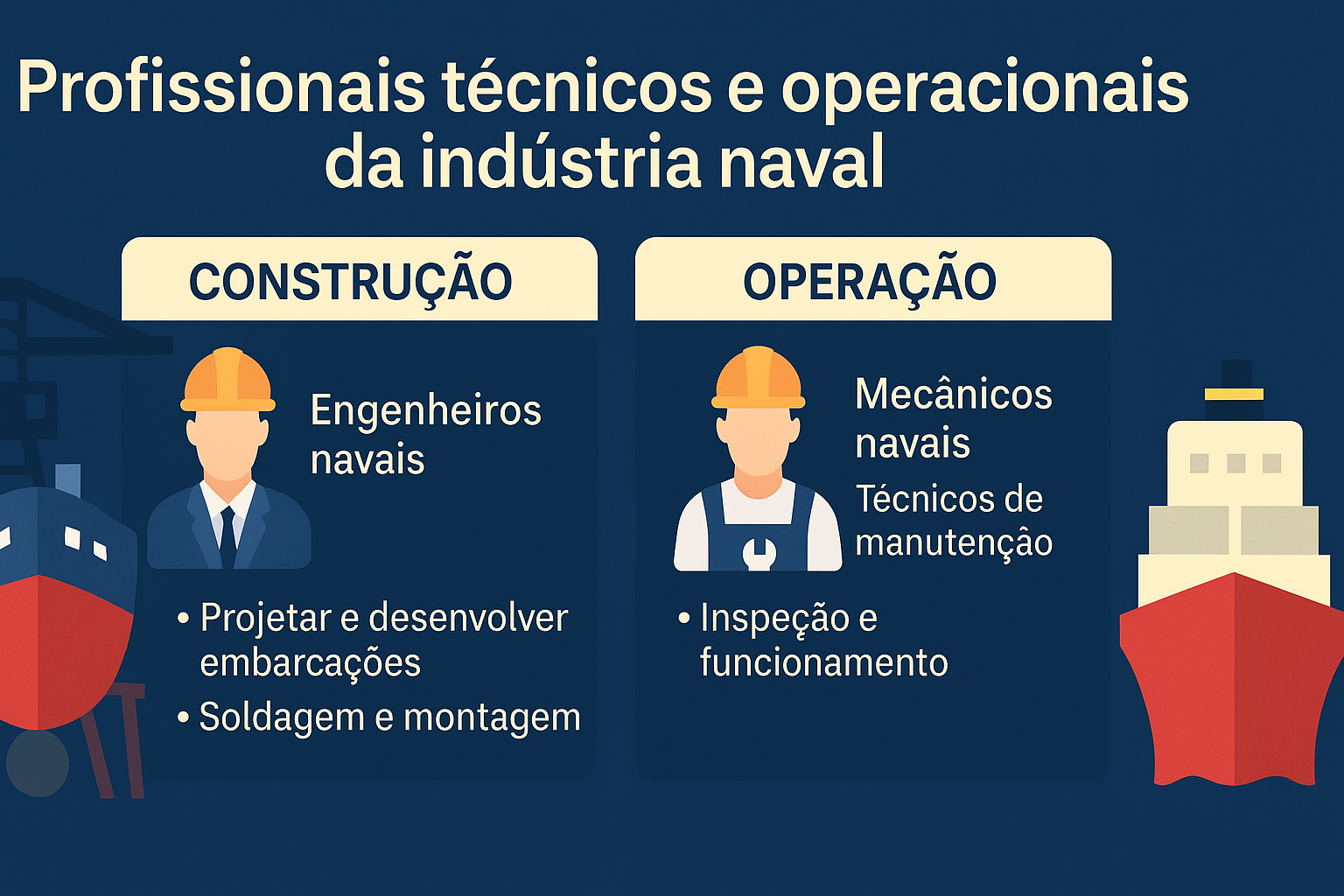Infográfico em fundo azul escuro com o título “Profissionais técnicos e operacionais da indústria naval”, dividido em duas colunas: construção (com ícone de engenheiro naval) e operação (com ícone de técnico), apresentando funções e exemplos de atividades.