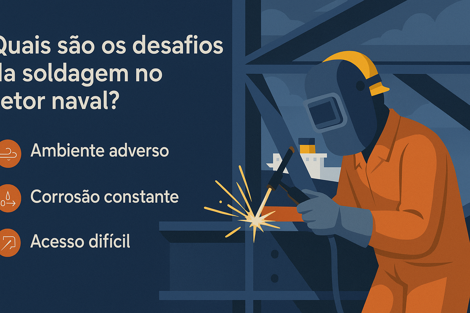 Infográfico ilustrando os principais desafios da soldagem no setor naval, com soldador em ação e ícones representando ambiente adverso, corrosão constante e acesso difícil.