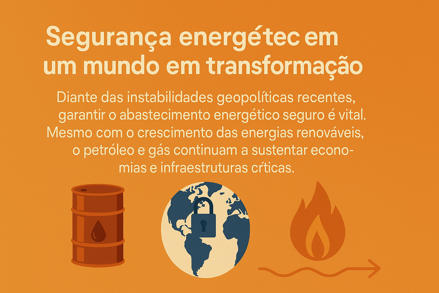 Infográfico sobre segurança energética em um mundo em transformação, com ícones e texto centralizado em fundo laranja.


