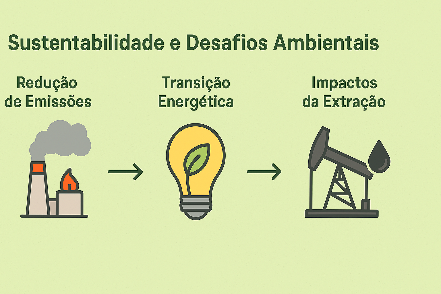Infográfico destacando os principais desafios ambientais da indústria do petróleo e gás, com foco na redução de emissões, transição energética e impactos da extração.