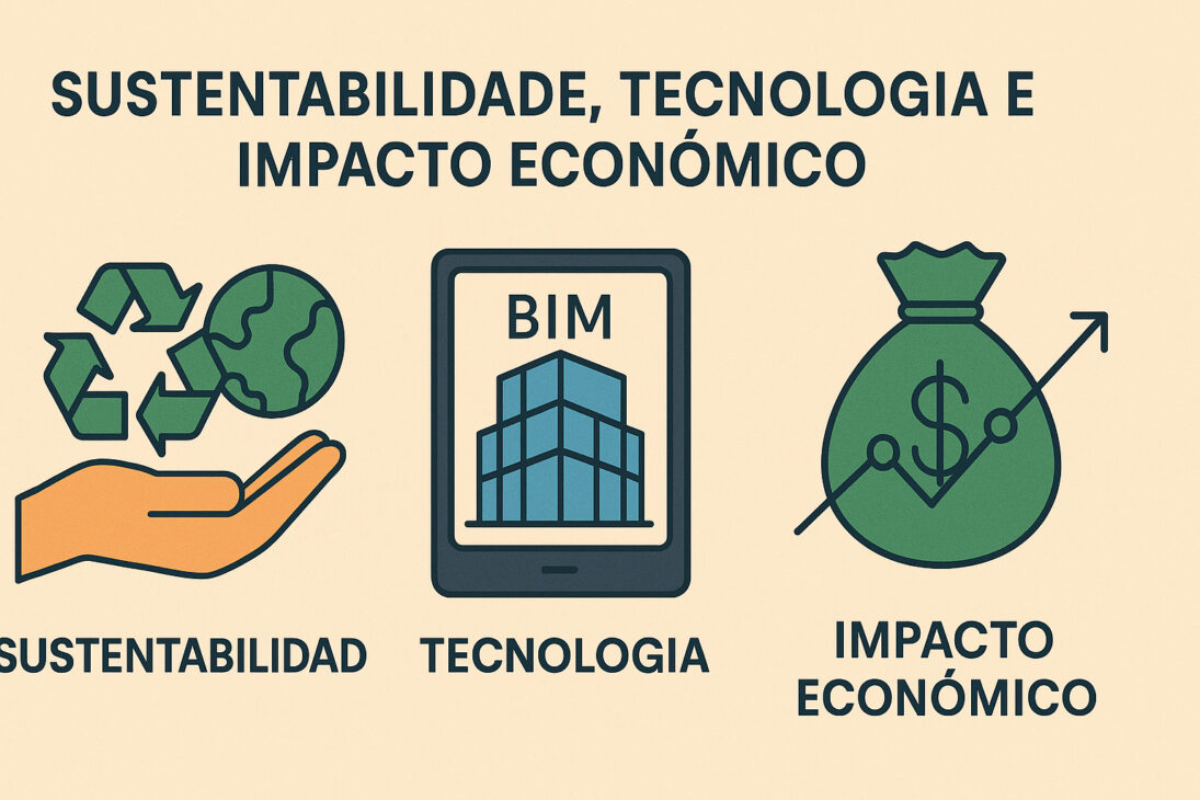 Infográfico em português com ícones representando sustentabilidade, tecnologia (BIM) e impacto econômico na construção civil pesada.