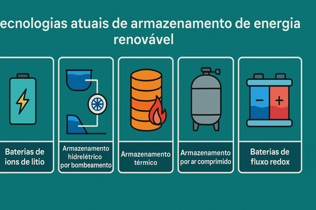  Infográfico com ícones representando cinco tecnologias atuais de armazenamento de energia renovável: baterias de íons de lítio, armazenamento hidrelétrico por bombeamento, armazenamento