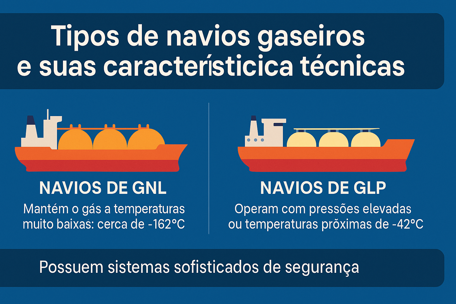 Infográfico comparando navios gaseiros de GNL e GLP com foco em temperatura, pressão e sistemas de segurança.