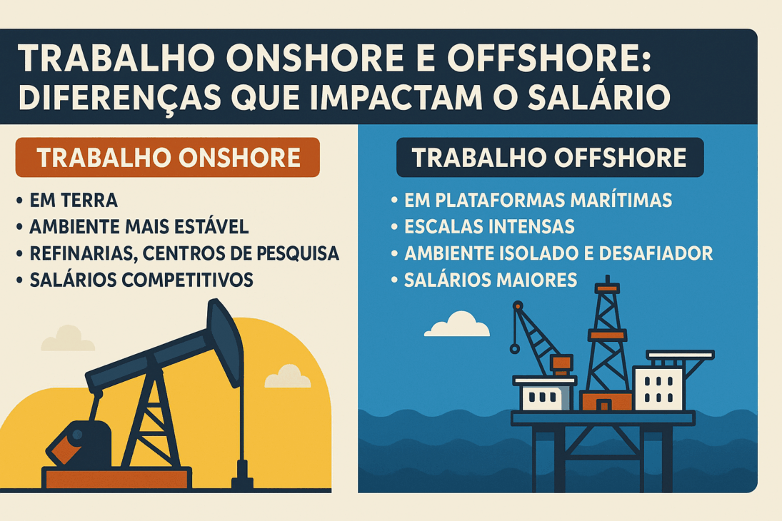 Infográfico comparando trabalho onshore e offshore na indústria petrolífera, destacando diferenças salariais e condições de trabalho.