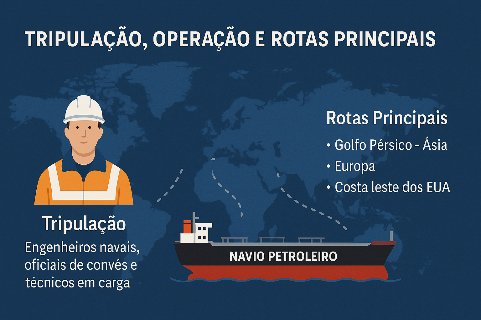 Infográfico mostrando um navio petroleiro navegando com rotas principais indicadas e um trabalhador da tripulação ao lado de um mapa-múndi.