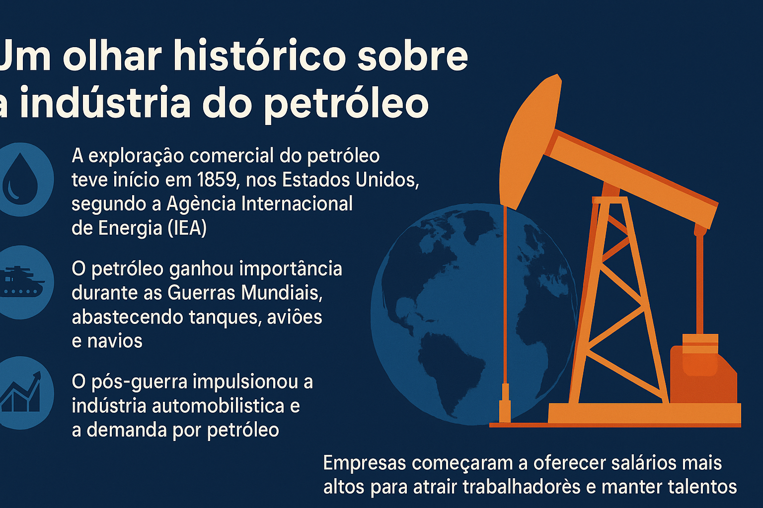 Infográfico com fundo azul mostrando a evolução histórica da indústria do petróleo, com ícones e uma bomba de extração ao lado do globo terrestre.