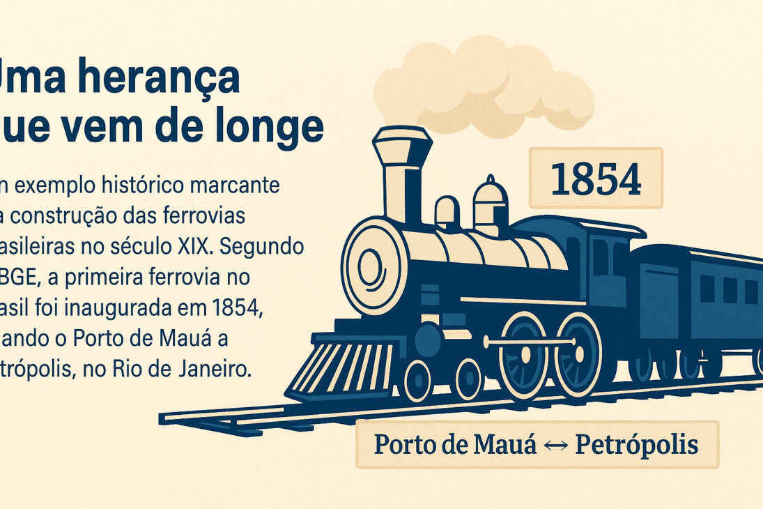 Infográfico com ilustração de locomotiva a vapor e texto explicativo sobre a primeira ferrovia do Brasil, inaugurada em 1854, ligando o Porto de Mauá a Petrópolis.