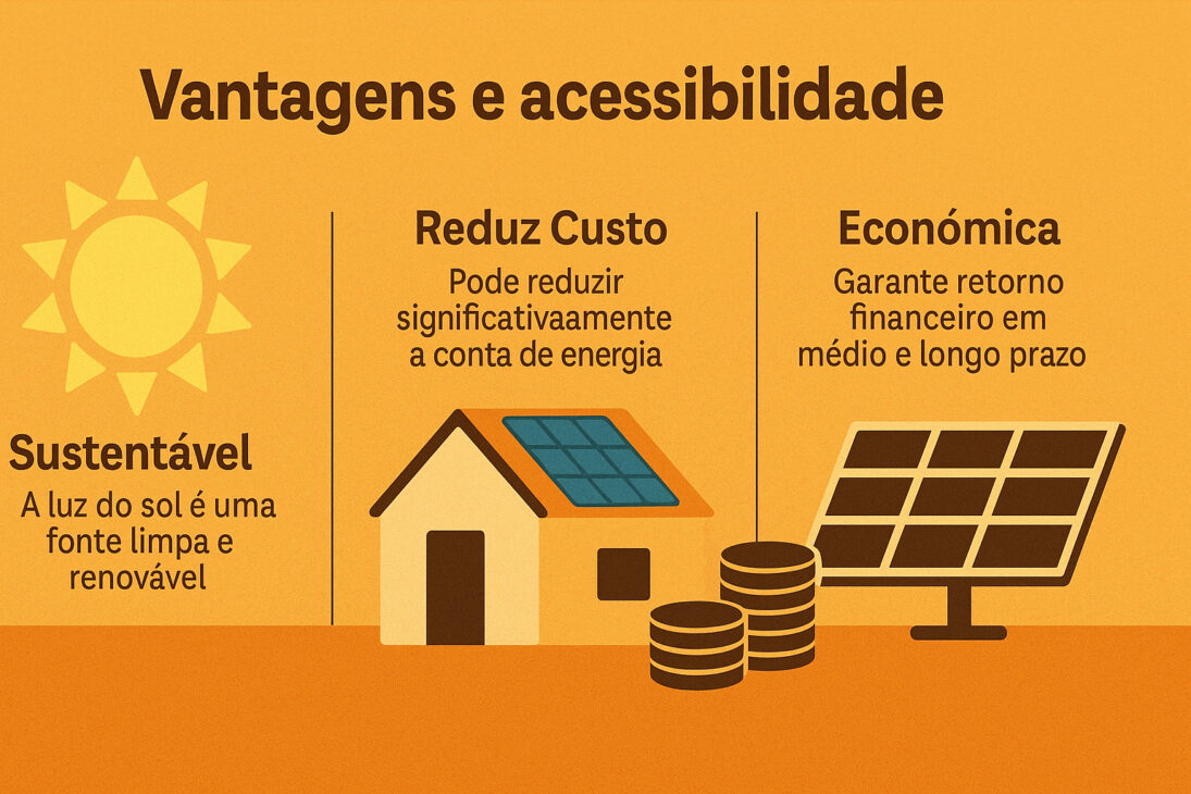 Infográfico ilustrando as vantagens e a acessibilidade da energia solar térmica com ícones representando sustentabilidade, economia e redução de custos.
