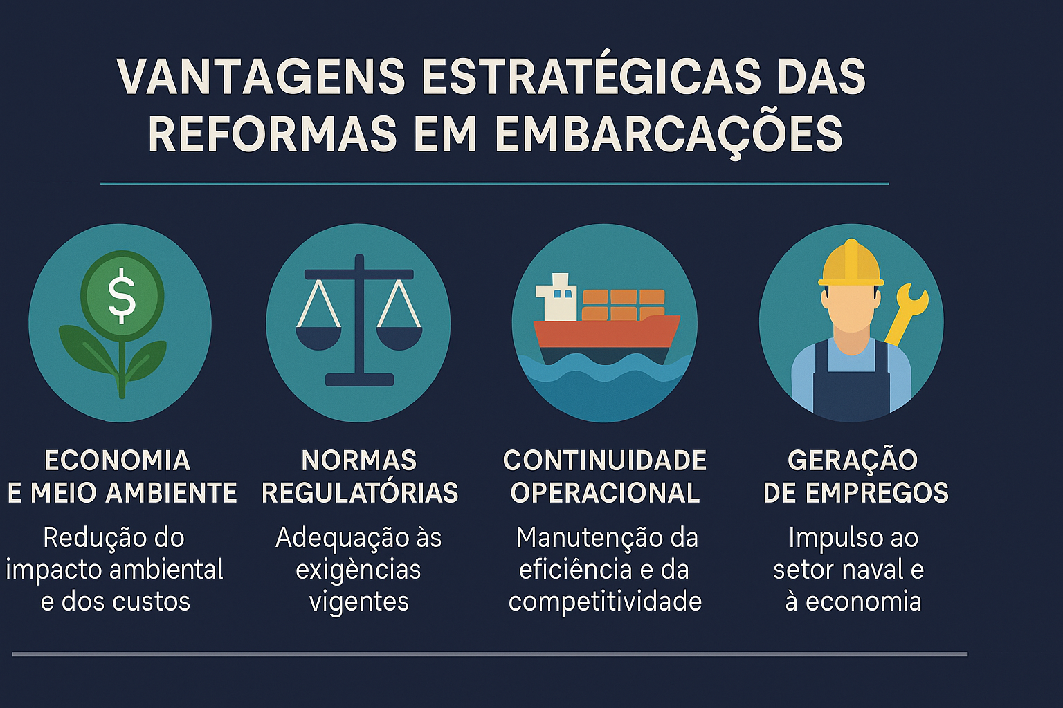 Infográfico com ícones e textos explicando as vantagens estratégicas das reformas em embarcações: economia ambiental, adequação às normas, continuidade operacional e geração de empregos.